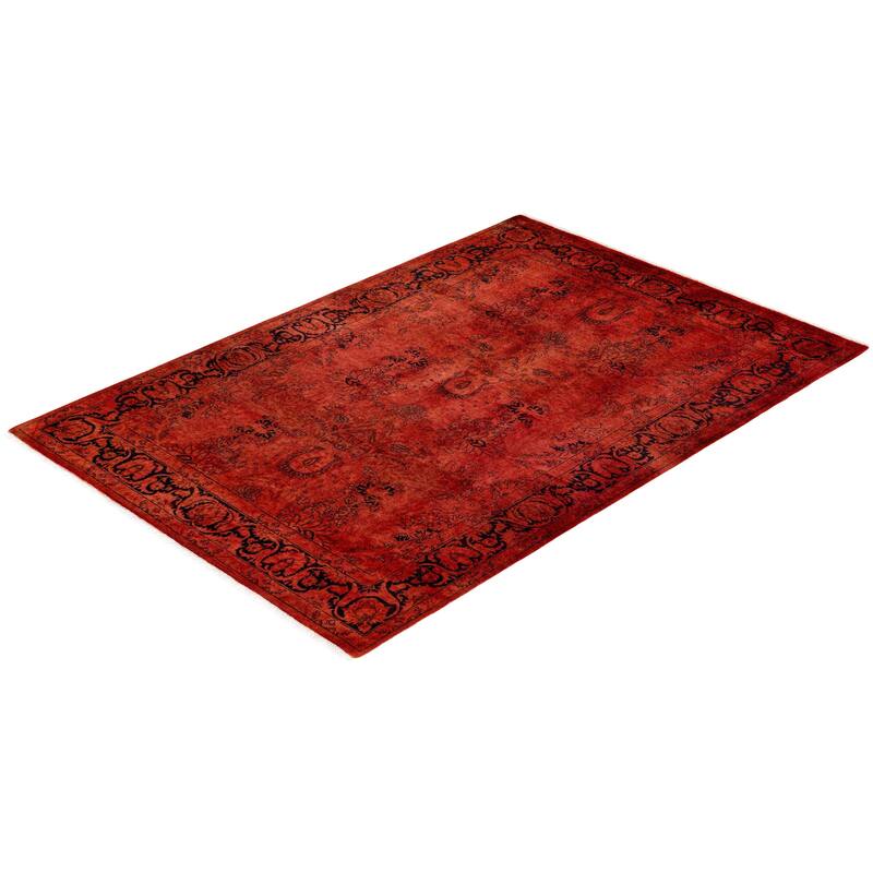 Overton Hand Knotted Wool Vintage Inspired Modern Contemporary Overdyed Red Area Rug - 4' 1" x 5' 10"