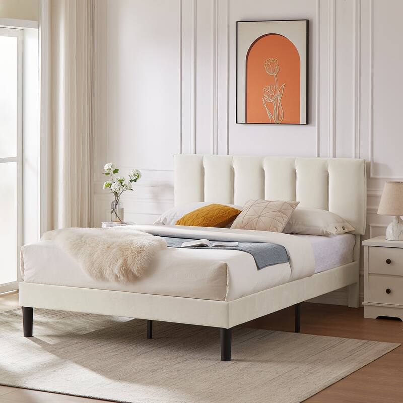 VECELO 3-Pieces Tufted Upholstered Beige Platform Bed Frame with Adjustable Height Headboard and Nightstands Set of 2