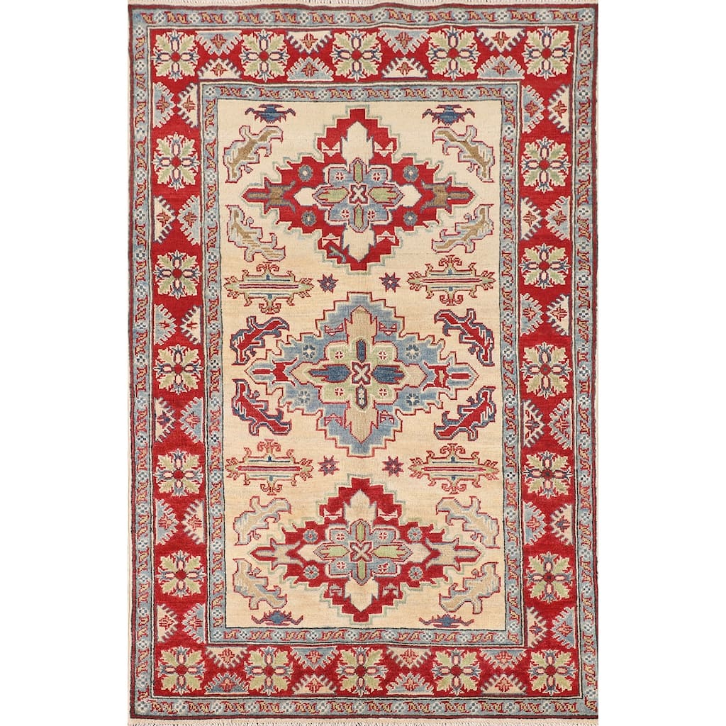 Kazak Oriental Area Rug Handmade Beige Geometric Wool Carpet - 4'0" x 6'5"