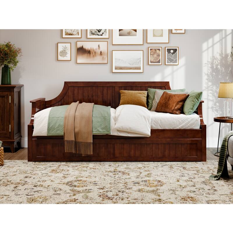 Twin Daybed with Trundle - Wood Frame Daybed for Living Room, Bedroom, Guest Room - Walnut Finish