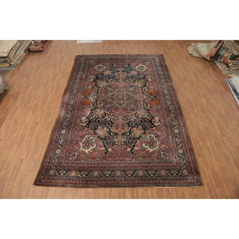 Hand Knotted Oriental 100% Wool Carpet Traditional Floral Navy Blue & Blues Kashmar Area Rug - 15' 7'' X 10' 1''