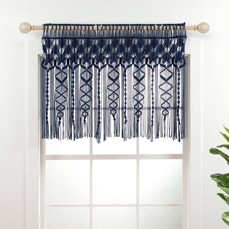 Lush Decor Boho Macrame Textured Cotton Valance/Kitchen Curtain/Wall Decor - Navy - 30" x 40"