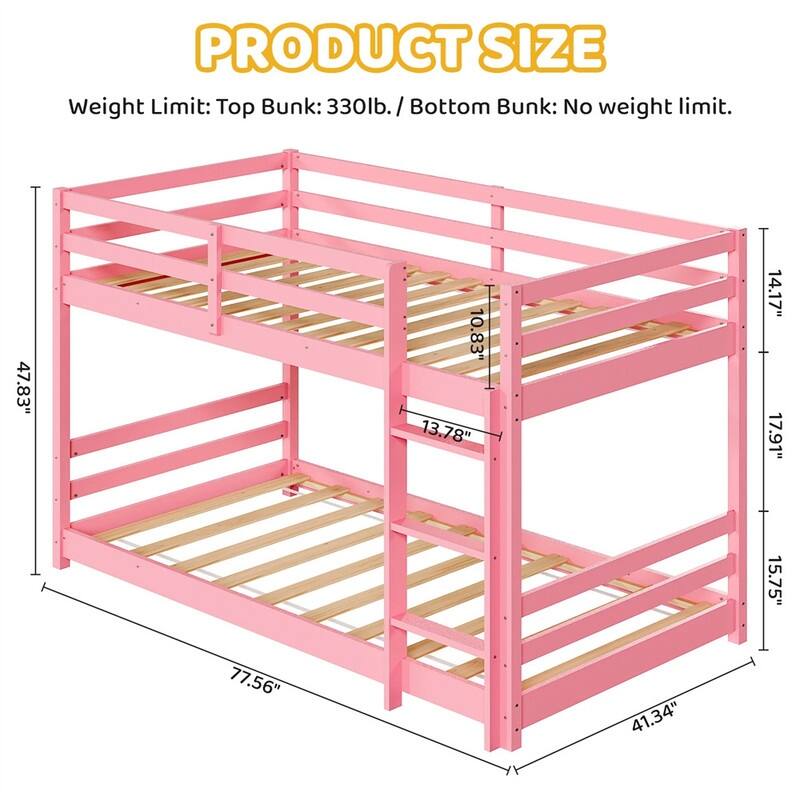 Kids Low Floor Bunk Bed Twin Over Twin With Guard Rails And Stairs