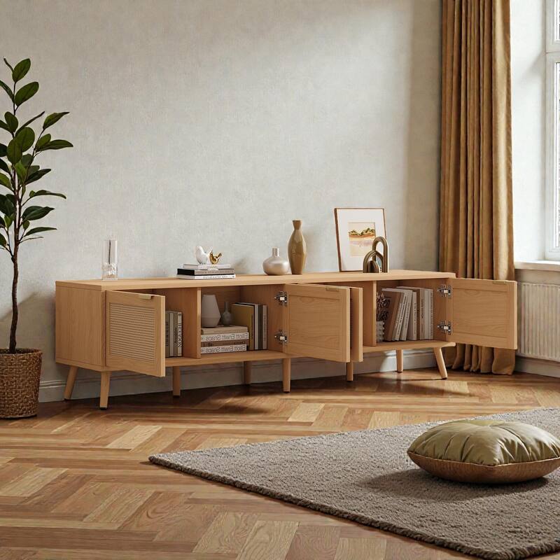 70" Rattan TV Stand for TVs up to 80", Modern Media Console with Storage Cabinets & Cable Holes, Solid Wood Legs