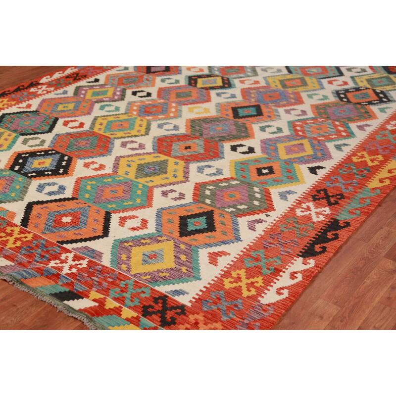 Geometric Kilim Oriental Area Rug Hand-Woven Reversible Wool Carpet - 8'8"x 11'2"