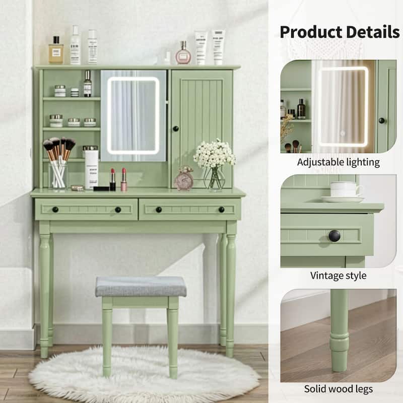 Vanity Desk with Adjustable Lighted Mirror & Upholstered Stool