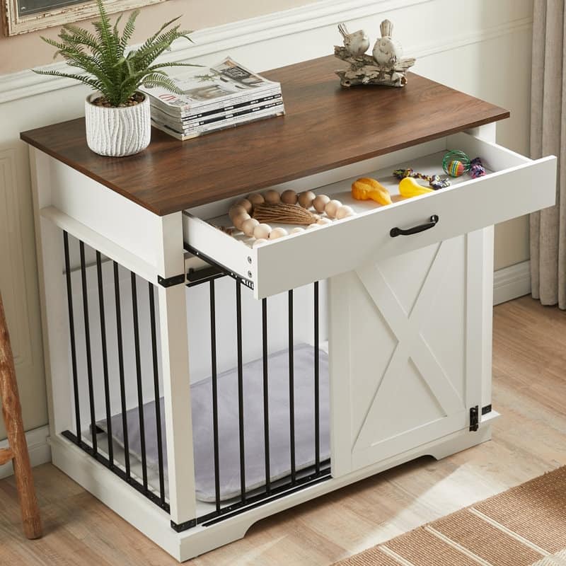 Wood Dog Crate Furniture With Barn Door And 1 Drawer
