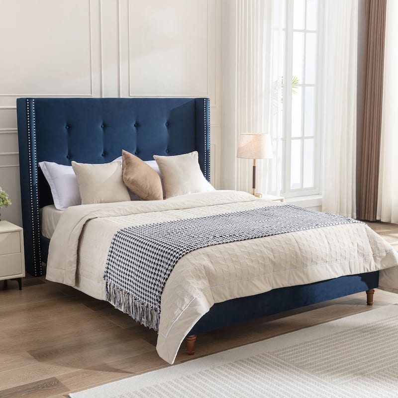 Carlsbad Velvet Upholstered Bed with 54" High Headboard by Christopher Knight Home - Blue - Queen
