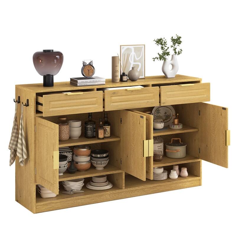 Farmhouse 59.1" Sideboard Cabinet with 3 Drawers and Open Shelf for Dining Room, Living Room, Entryway
