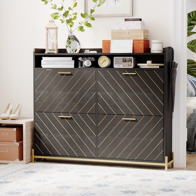 Wood Shoe Organizer Cabinet with 4 Flip Doors for Small Spaces - Black