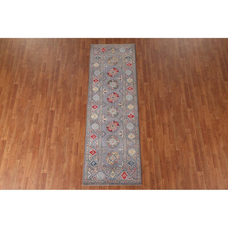 Geometric Gray Kazak Runner Rug Handmade Wool Carpet - 2'8" x 8'3"
