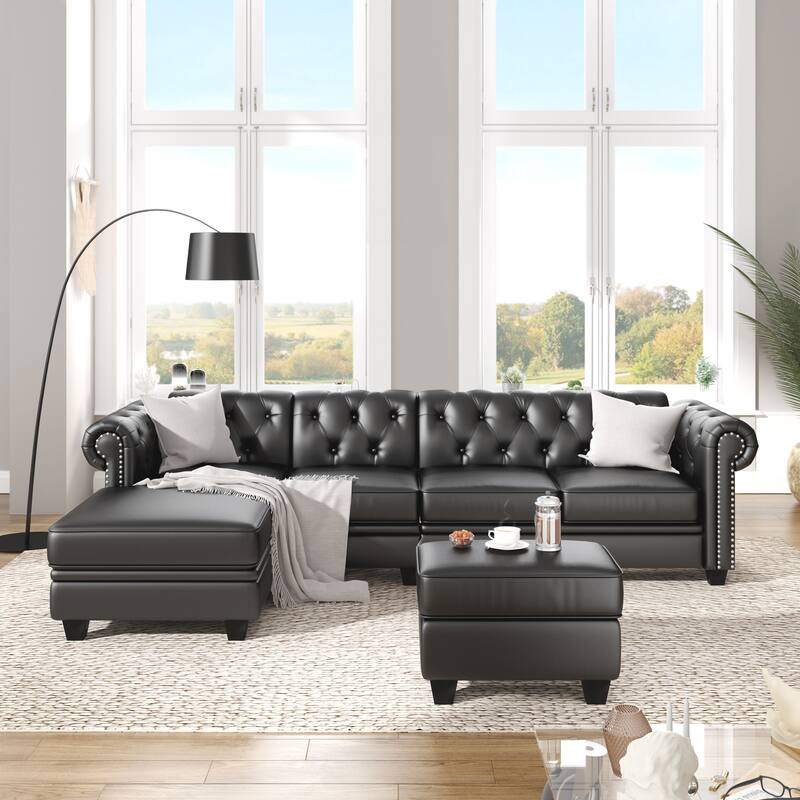 116" Chesterfield Sectional Sofa Set, PU Leather 4-Seat Living Room Set with Storage Ottoman ,Nailheaded