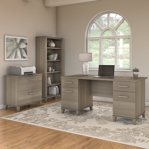 slide 1 of 68, Somerset 60W Office Desk with Cabinet and 5 Shelf Bookcase in Ash Gray
