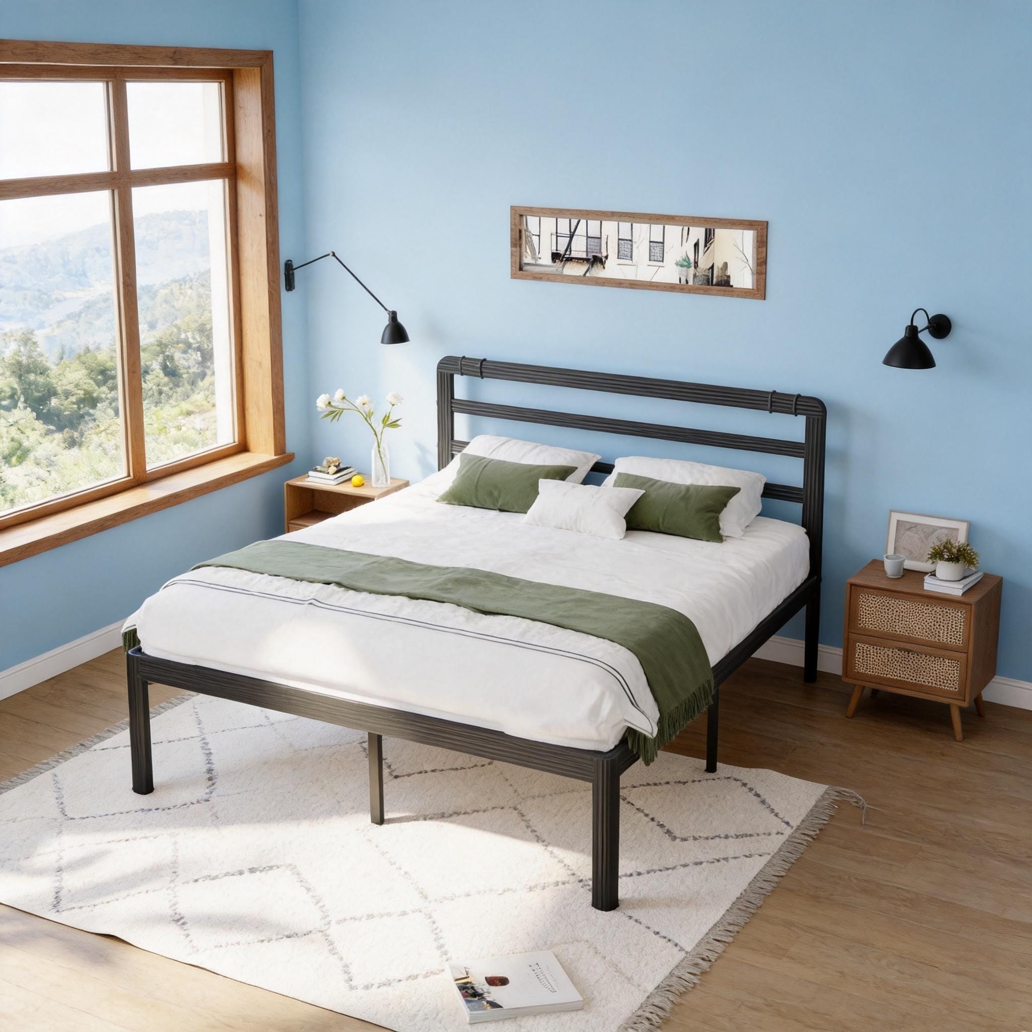 Industrial-Style 18-Inch High Black Metal Bed Frame with Headboard , No Box Spring Required