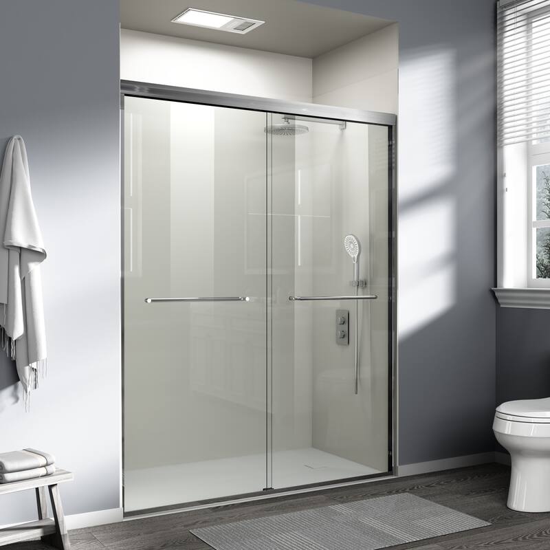 ABRUZZO 56-60" W x 72" H Semi-Frameless Double Sliding Tempered Glass Shower Door with Dual Towel Bars
