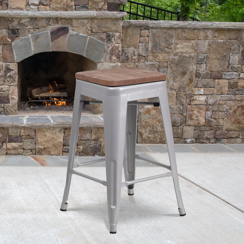 24" High Backless Metal Counter Height Stool with Square Wood Seat - Silver