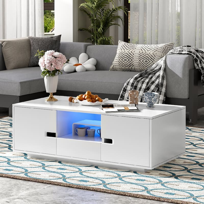 Modern High Glossy Rectangle Coffee Table with Storage Space and16 Color LED Lights