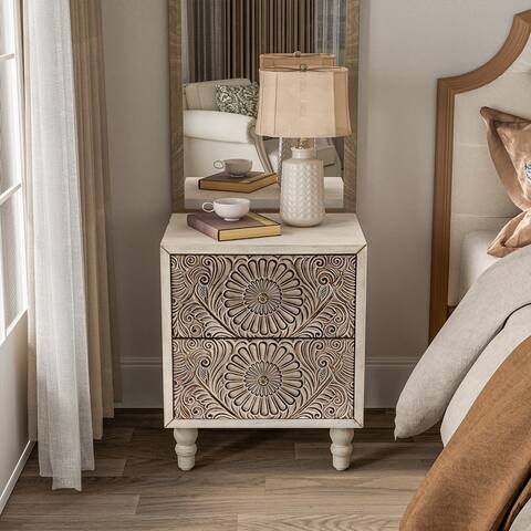COSIEST Vintage Brown Pattern Solid Wood Nightstand with Drawer