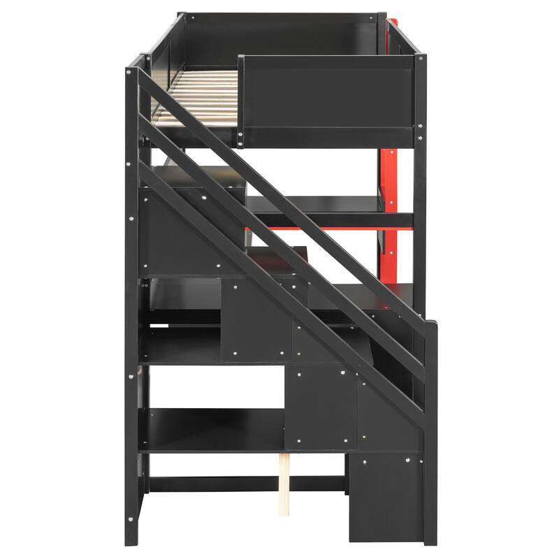Gaming Loft Bed with Recessed Table Cabinet Pegboard Storage Stairs
