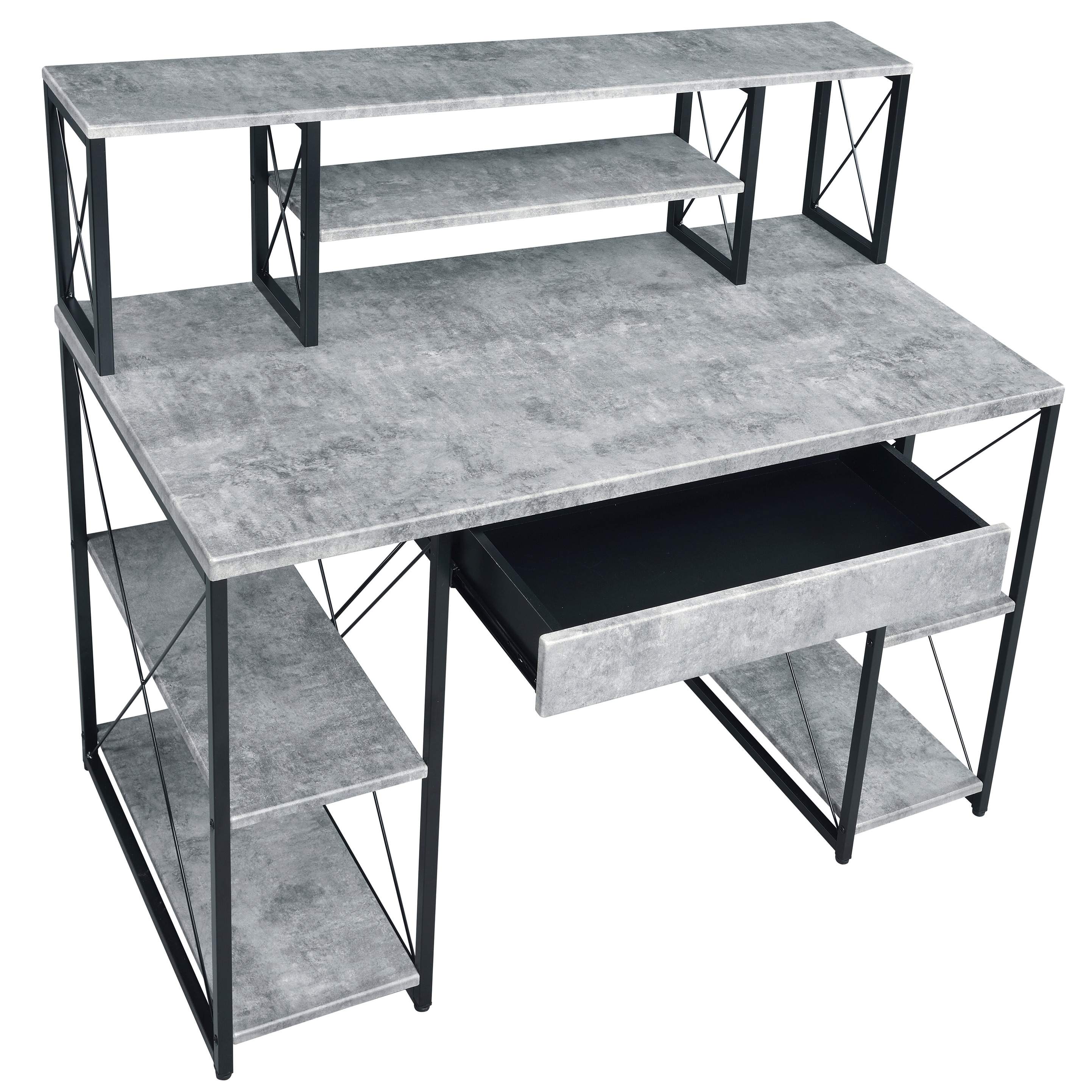 White And Black Office Desk With Open Shelves And Hutch