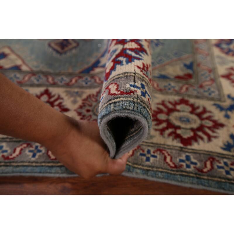Light Blue Traditional / Geometric Kazak Rug Hand-Knotted Wool Carpet - 5'0" x 6'7"