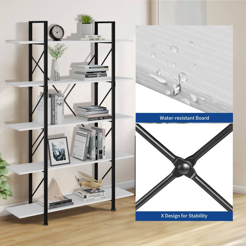 Moasis Industrial 5-Tier Bookshelf Vintage Large Bookcase Display Rack 5 Shelves for Living Room