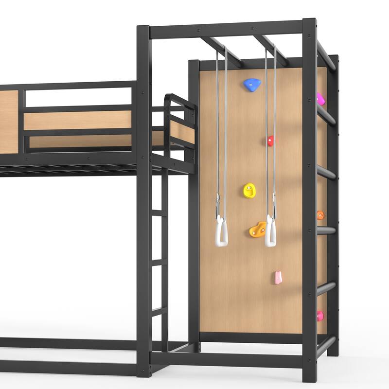 Full/Twin Metal Loft Bed with Basketball Hoop, Climbing Wall & Slide