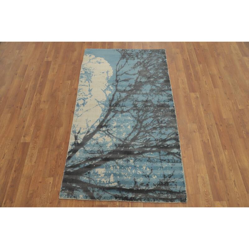 Hand Knotted Oriental Viscose Silk Carpet Modern Pictorial Navy Blue & Blues Abstract Area Rug - 5' 5'' X 3' 0''