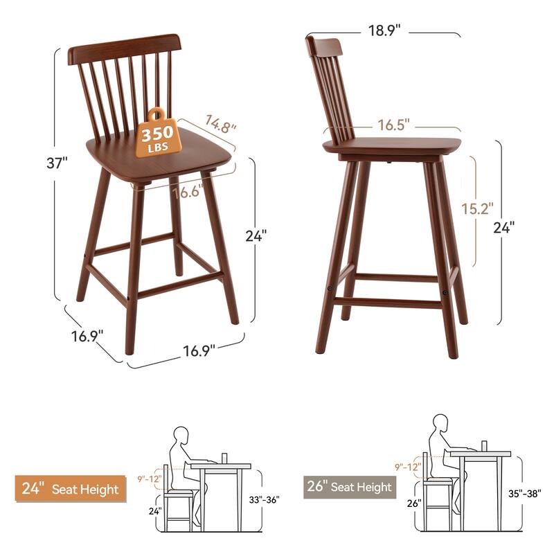 24 in. Windsor Wooden Bar Stools with Low Back Farmhouse Solid Wood Counter Stools - 16.9 in. W x 16.9 in. D x 37 in. H