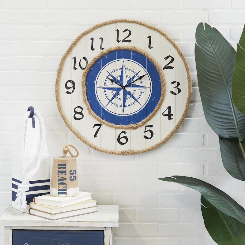 Wooden Compass Wall Clock with Rope Accents - Blue - Roche River Decor
