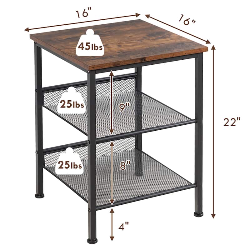3-Tier Industrial End Side Table with 2 Adjustable Metal Shelves