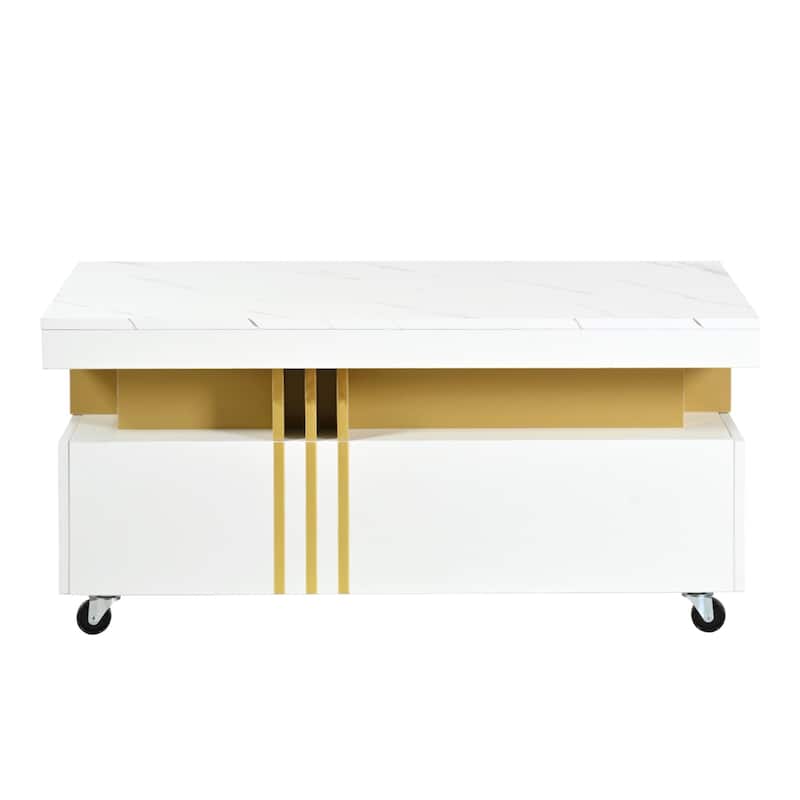 Roomfitters Rectangle Coffee Table with Faux Marble Top, Modern Center Table with Gold Metal Frame and Wheels