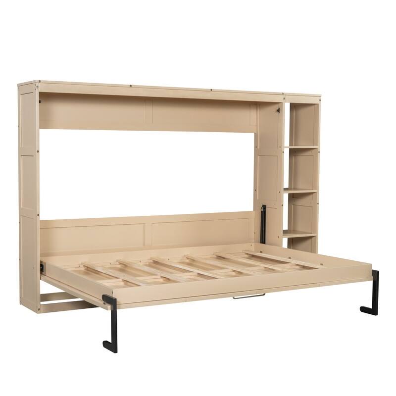 Full Size Murphy Bed with Bookshelf, Foldable Bed Frame with Storage Shelves, Wooden Cabinet Bed with Handle