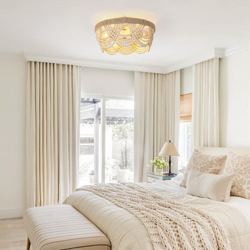 20" Smart Bohemian Wood Bead Beige Ceiling Fan with Remote and Light and APP Control - 19.7" D x 19.7" W x 10.1" H