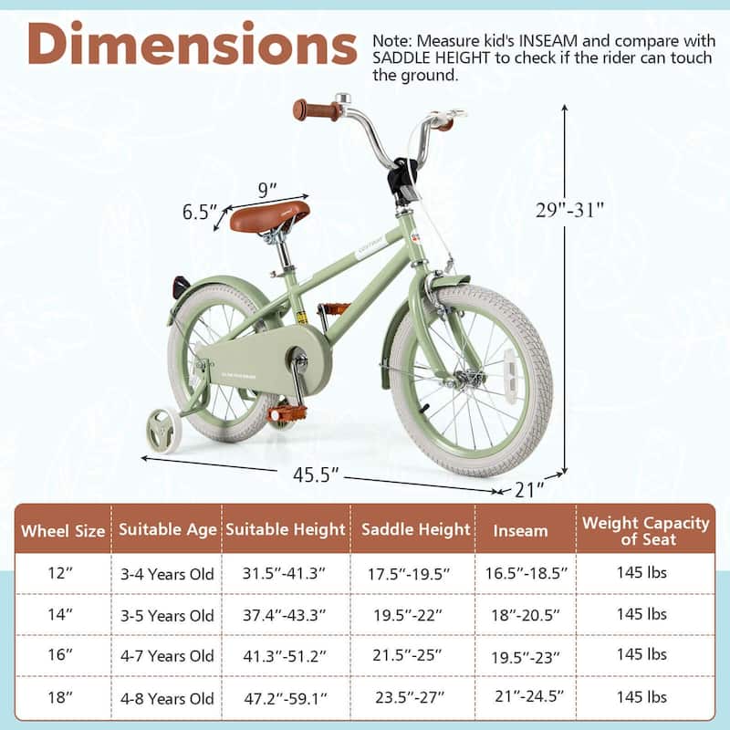 Costway 16" Kids Bike with Adjustable Saddle Handlebar Removable