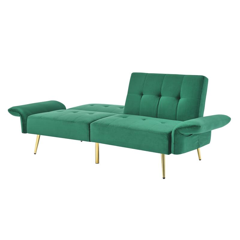 Italian Velvet Convertible Sleeper Sofa Bed with with Folded Armrests and Storage Bags