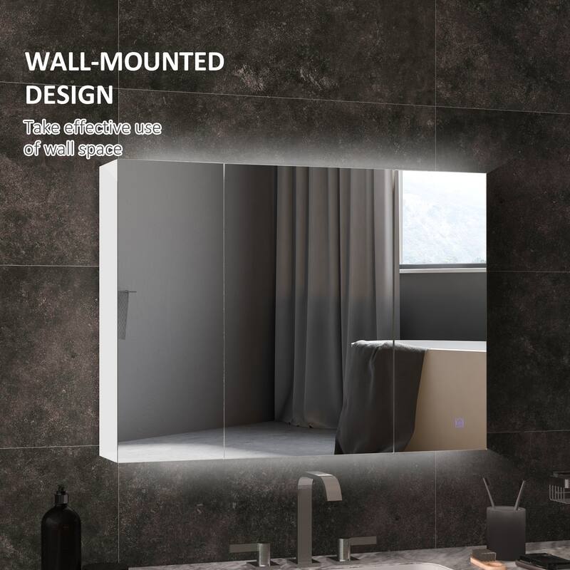 White Wall-Mounted Bathroom Mirror Cabinet with LED Lights and Adjustable Shelves Touch Control - 35.5" W x 6" D x 25.5" H