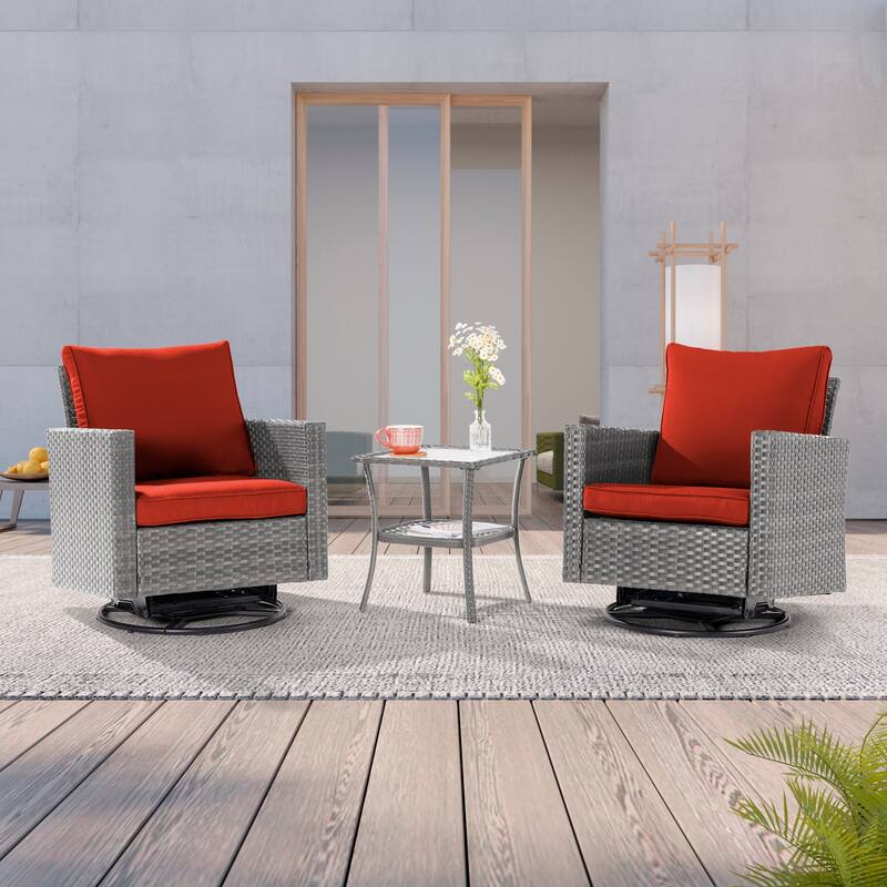 LIVOOSUN 3-Piece Patio Sofa Set Outdoor Rattan Swivel Rocking Chair Glass Table - Rust Red