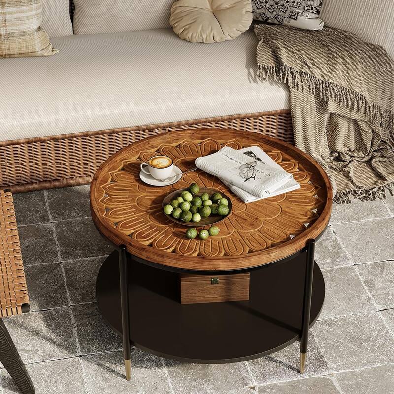 31.5" Solid Wood Coffee Table with Metal Frame & Carved Floral Pattern - 31.49" W x 31.49" D x 19.68" H