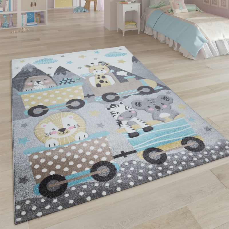 Kids Rug for Childrens Room Colorful Animals on a Train in Grey - 5'3" x 7'7"