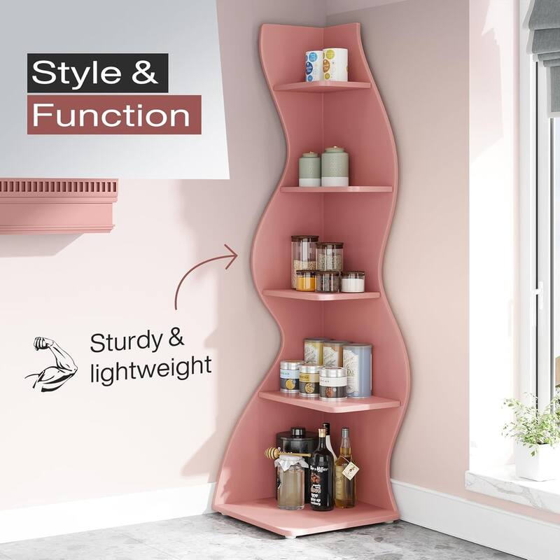 Modern Wood Corner Shelf, 5-Tier Bookshelf Bookcase for Living Room