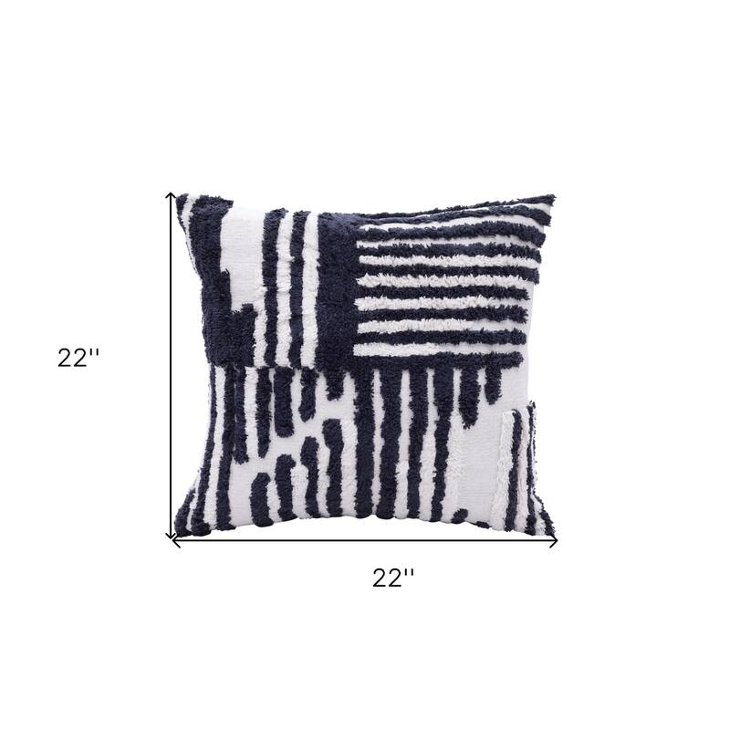 22" Navy and White Geometric Cotton Throw Pillow