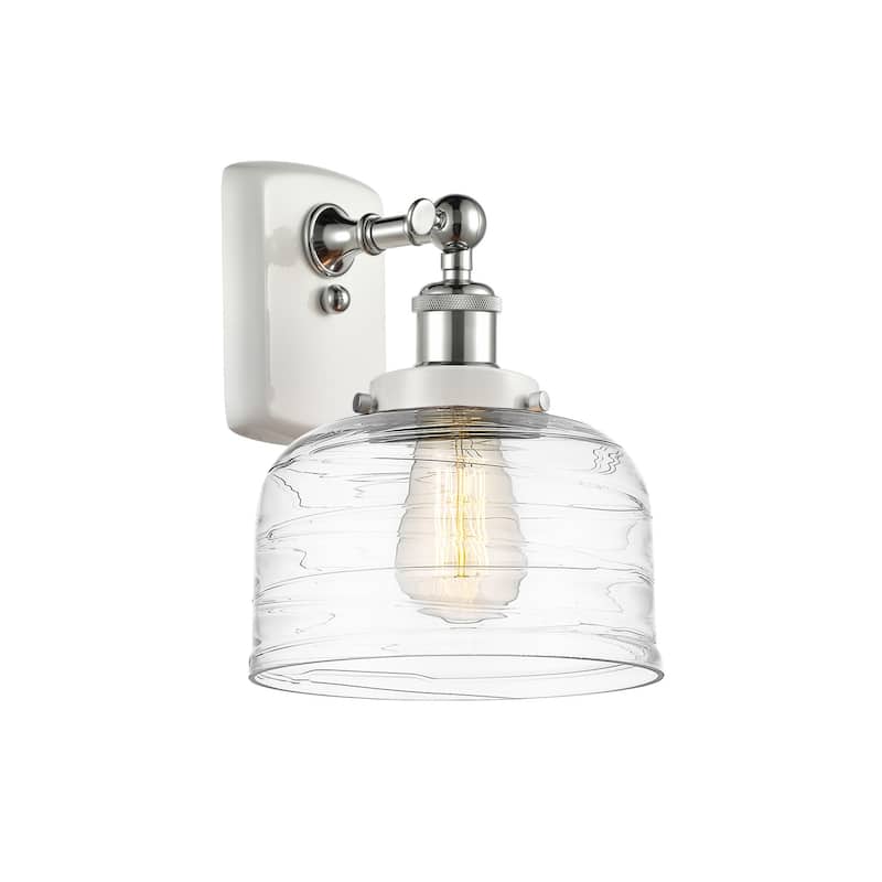 Innovations Lighting 916-1W-13-8 Bell Sconce Bell 13" Tall Wall Sconce - White and Polished Chrome / Clear Deco Swirl