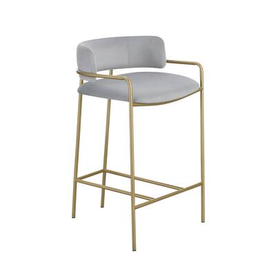 Upholstered Low Back Counter Height Stool in Grey and Gold