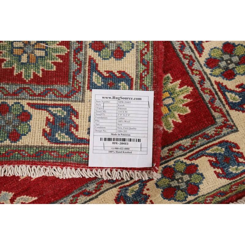 Red Geometric Kazak Foyer Rug Handmade Wool Carpet - 2'9"x 3'9"