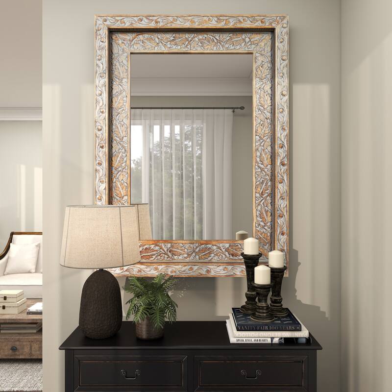 Gray Wood Handmade Intricately Carved Floral Room Wall Mirror