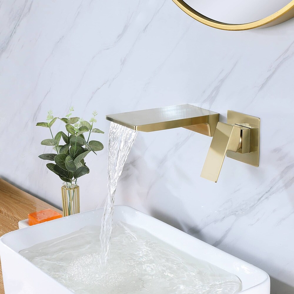 Hononnice Bruhsed Gold Bathroom Faucet Waterfall for Sink 1 Hole Single Handle Bathroom Faucets Bruhsed Gold Bathroom Vanity Faucet with Vanity Mixer Tap Deck Mount 