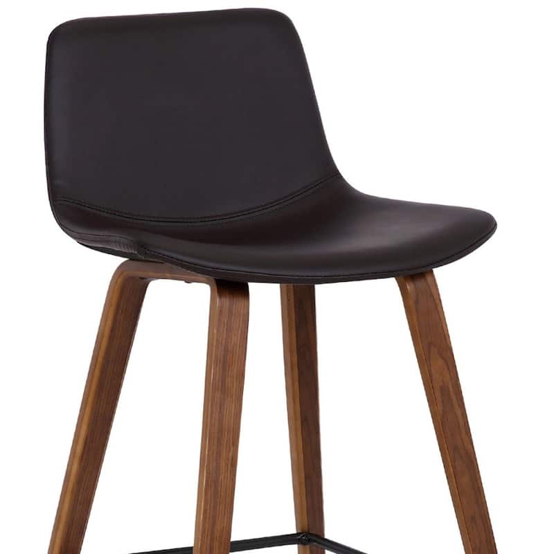 Brown Faux Leather Counter Height Bar Chair with Walnut Wood Frame and Footrest - 19.5” x 18” x 35” (D x W x H)