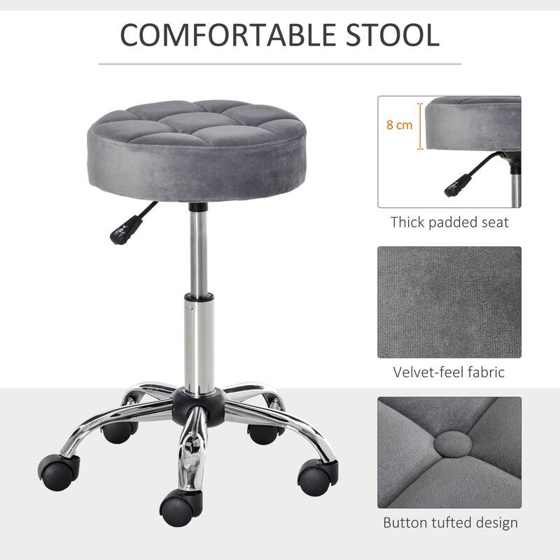 HOMCOM Round Vanity Stool with Height Adjustable Lift, Luxury Style Upholstery and Swivel Seat and Wheels - 13.75"x13.75"x24"