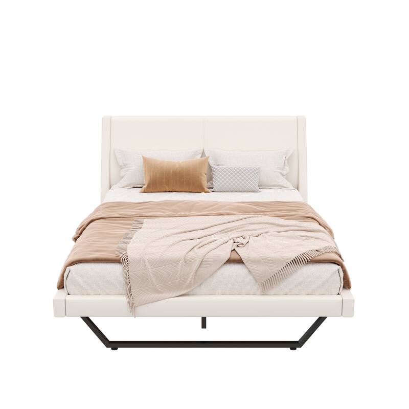 Wave-Like Curve Design Platform Bed Pu Leathe Upholstered Bed Frame Wooden Slat Support